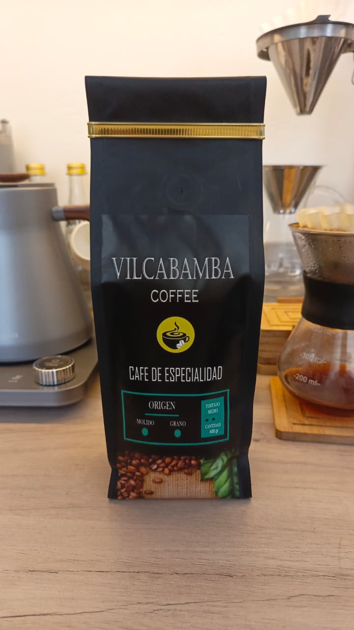 Presentación actual Café de Especialidad de Vilcabamba Coffee, bolsa negra de 400 gramos